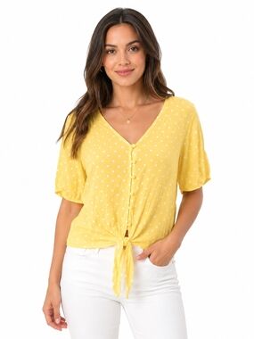 Elodie Yellow Polka Dot Button-Front Tie Top